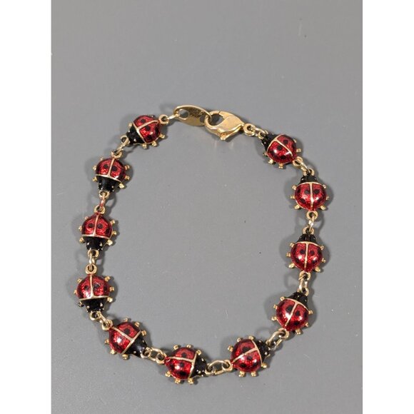 Retro Red Ladybyg Chain Bracelet Enamel Gold Tone 6.5" - Picture 1 of 7